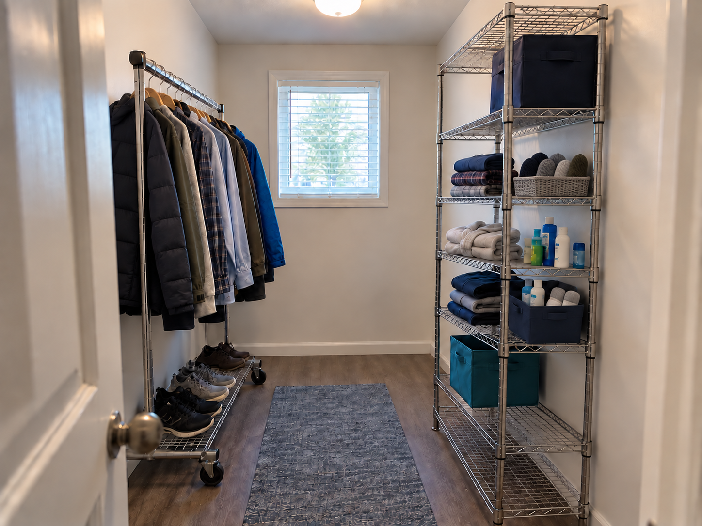 A small room thoughtfully organized with clothing and everyday essentials for members of The Haven Continuum